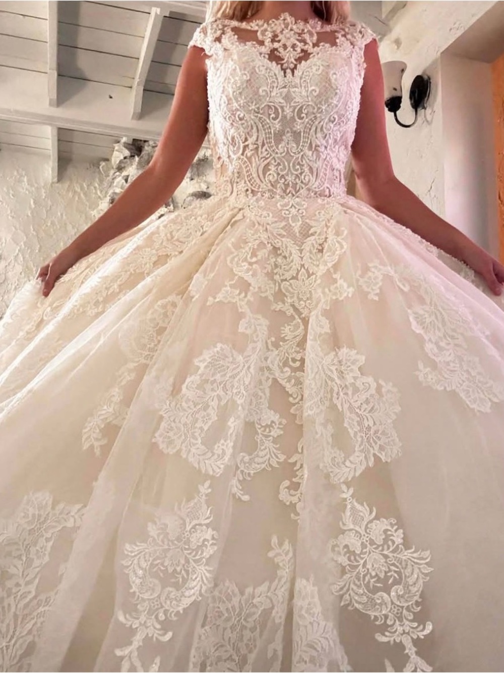 Ivory Lace Ball Gown Bridal Dress with Illusion Lace Bodice